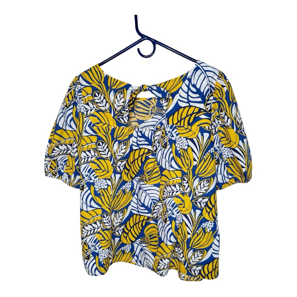 Talbots Size 1X Tie Back Top Colorful Tropical Leaves Print Balloon Sleeves